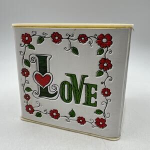 Vtg Retro 1970s Plastic Valentine Planter Cup 4" Square Red Green Hearts LOVE